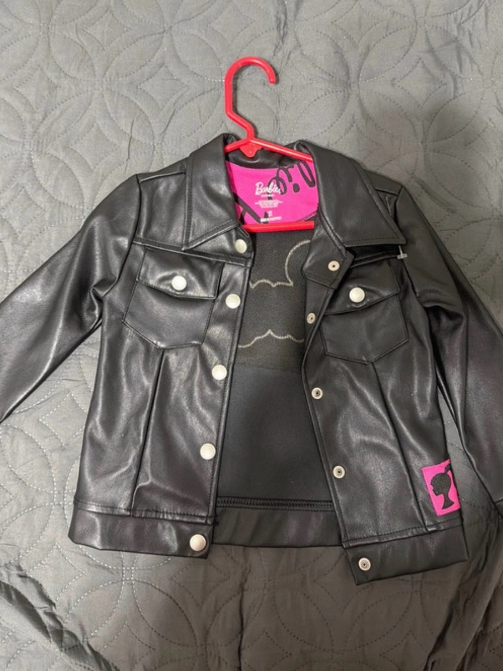 Barbie Black Faux Leather Jean Jacket with Pink Logo Patch